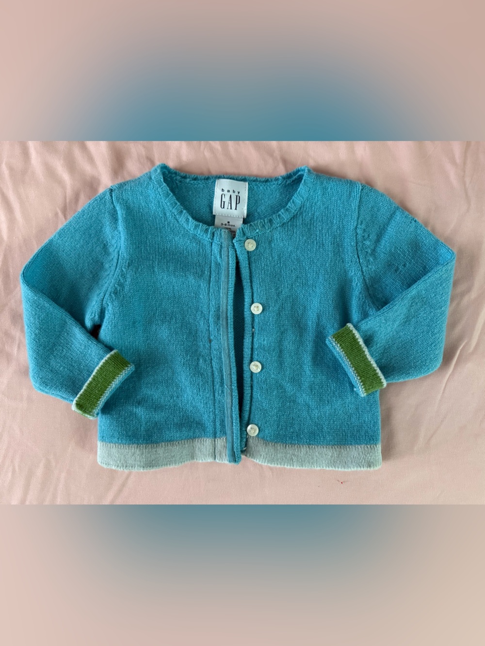Vintage GAP Turquoise Knit Cardigan with Green Cuff and Light Gray Hem